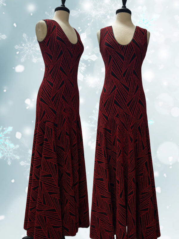 Mannequin form showing Full length, drop waist, scoop neck Ruby dress in glittery red Art Deco print, all in a fabric with a lot of stretch!