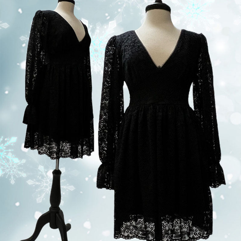 Black stretch lace Siobhan baby doll dress with bamboo knit lining, empire waist, deep V-neck, long dramatic sleeves, and scalloped hem