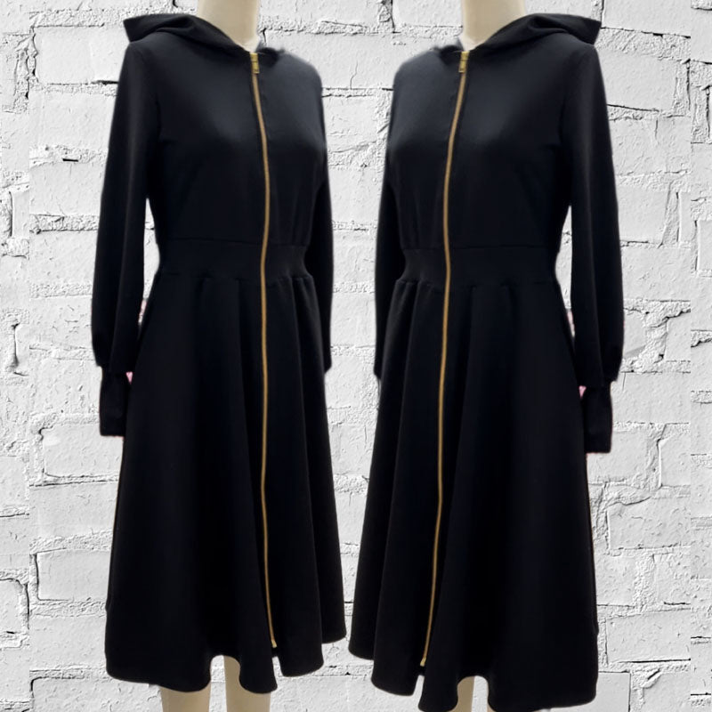 Blackbird Studios has designed a new hoddie dress in Black Ponte.   Brass metal zipper closure, bell sleeve, side seam pockets and aline silhouette. 