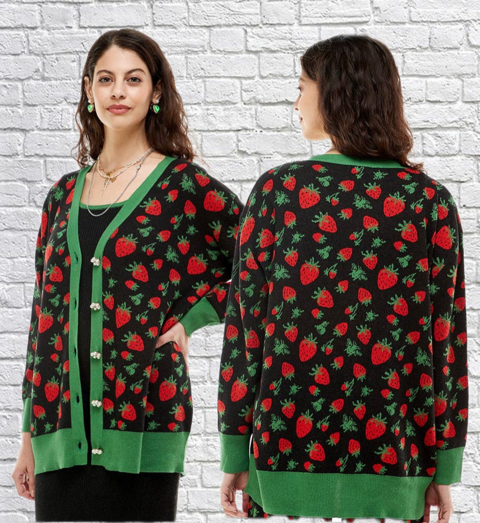 Long line Strawberry Knitted Cardigan with pretty Pearl buttons. 