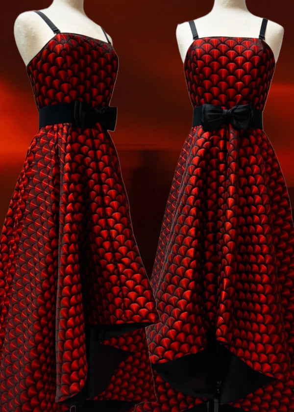 Ava High Low Gown -  Red & Black Jacquard