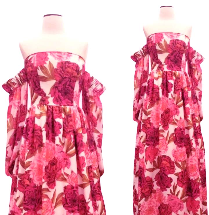 Mannequin forms showing the top half of the Athena Gown in Pink Peony Floral Chiffon, which is Fully lined with off the shoulder bishop sleeve. Piping detail and zipper in back. 